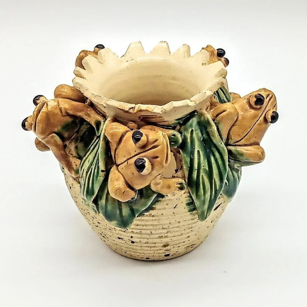 Five Frogs Green Tan Ceramic Sawtooth Rim Vase